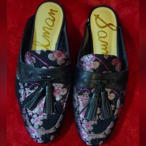 Sam Edelman Black w/Purple & Silver Floral Women's Mules w/Tassels - Size 8.5